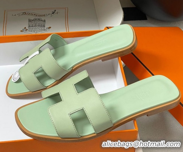 Grade Quality Hermes Oran Classic Flat Slides Sandal in Smooth Calfskin Light Green H081803