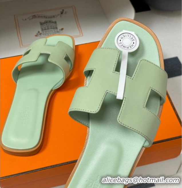 Grade Quality Hermes Oran Classic Flat Slides Sandal in Smooth Calfskin Light Green H081803