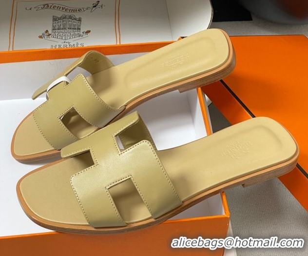 Shop Duplicate Hermes Oran Classic Flat Slides Sandal in Smooth Calfskin Beige 2025 H081803