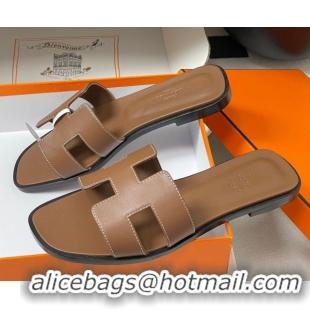 Purchase Hermes Oran Classic Flat Slides Sandal in Smooth Calfskin Dark Brown 2025 H081803