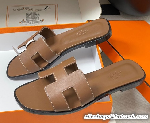 Purchase Hermes Oran Classic Flat Slides Sandal in Smooth Calfskin Dark Brown 2025 H081803