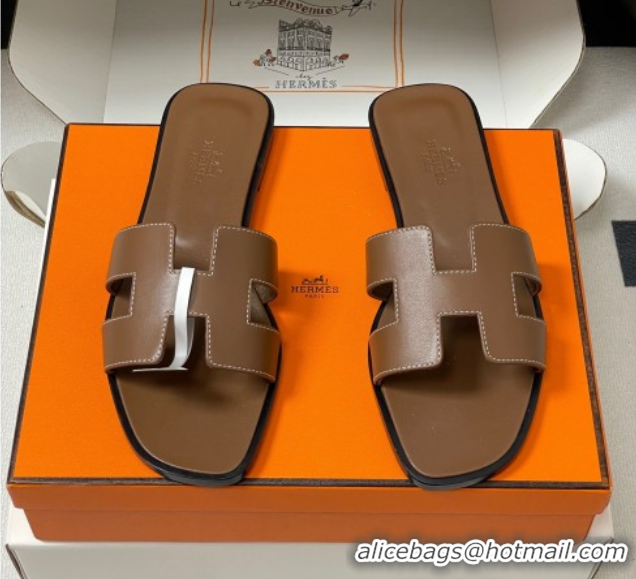 Purchase Hermes Oran Classic Flat Slides Sandal in Smooth Calfskin Dark Brown 2025 H081803