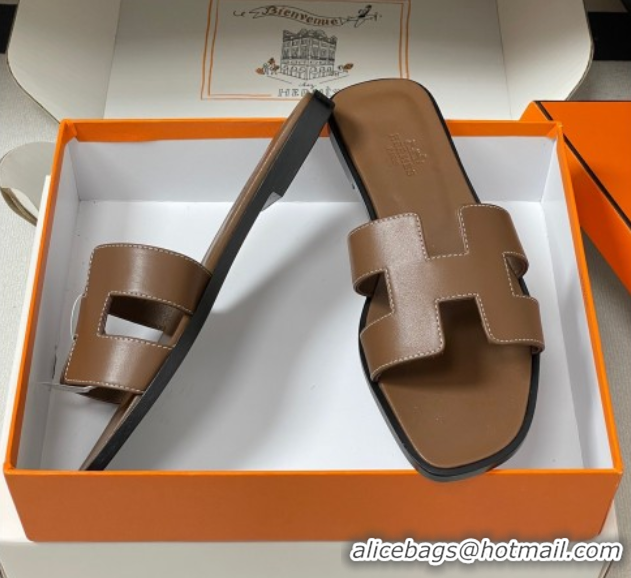 Purchase Hermes Oran Classic Flat Slides Sandal in Smooth Calfskin Dark Brown 2025 H081803