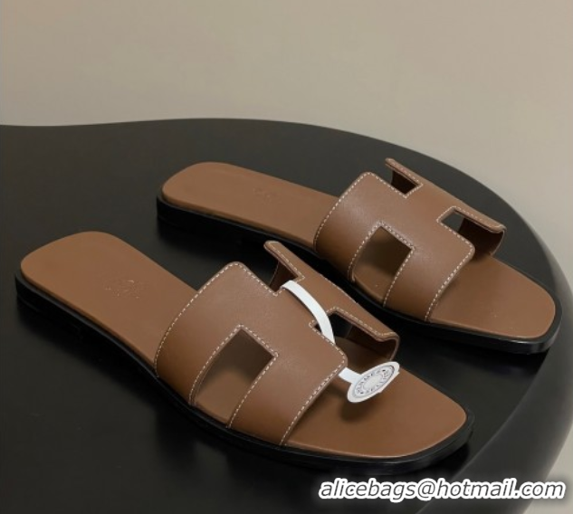 Purchase Hermes Oran Classic Flat Slides Sandal in Smooth Calfskin Dark Brown 2025 H081803