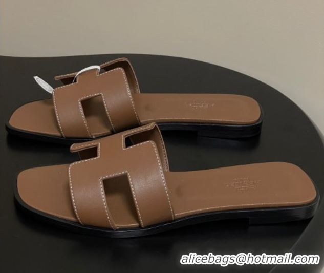Purchase Hermes Oran Classic Flat Slides Sandal in Smooth Calfskin Dark Brown 2025 H081803
