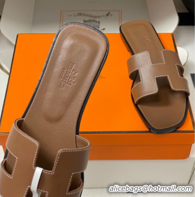 Purchase Hermes Oran Classic Flat Slides Sandal in Smooth Calfskin Dark Brown 2025 H081803