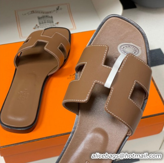 Purchase Hermes Oran Classic Flat Slides Sandal in Smooth Calfskin Dark Brown 2025 H081803