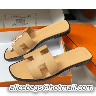 Unique Style Hermes Oran Classic Flat Slides Sandal in Smooth Calfskin Beige Yellow 2025 H081803