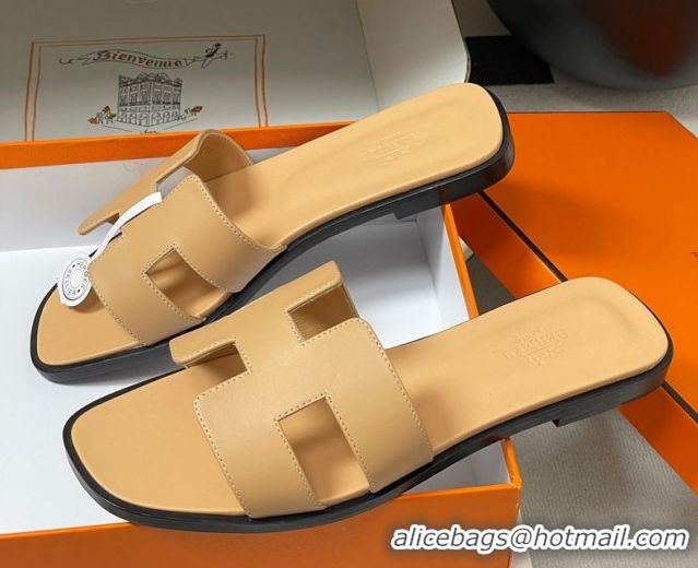 Unique Style Hermes Oran Classic Flat Slides Sandal in Smooth Calfskin Beige Yellow 2025 H081803