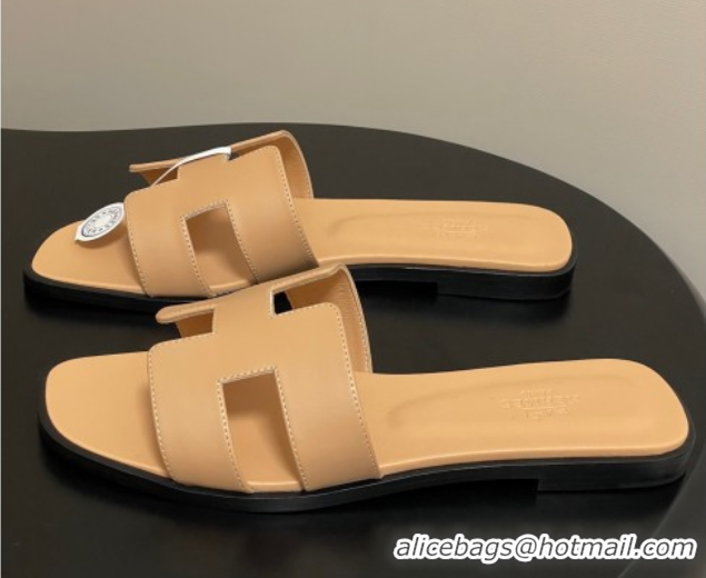 Unique Style Hermes Oran Classic Flat Slides Sandal in Smooth Calfskin Beige Yellow 2025 H081803