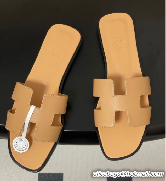 Unique Style Hermes Oran Classic Flat Slides Sandal in Smooth Calfskin Beige Yellow 2025 H081803