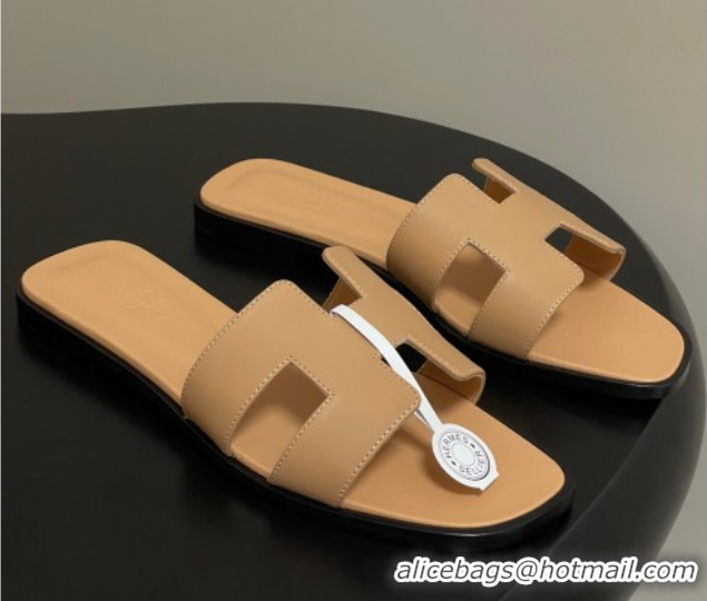 Unique Style Hermes Oran Classic Flat Slides Sandal in Smooth Calfskin Beige Yellow 2025 H081803