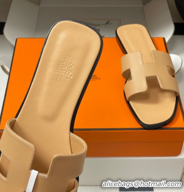 Unique Style Hermes Oran Classic Flat Slides Sandal in Smooth Calfskin Beige Yellow 2025 H081803
