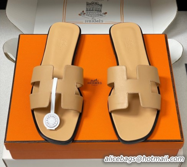 Unique Style Hermes Oran Classic Flat Slides Sandal in Smooth Calfskin Beige Yellow 2025 H081803