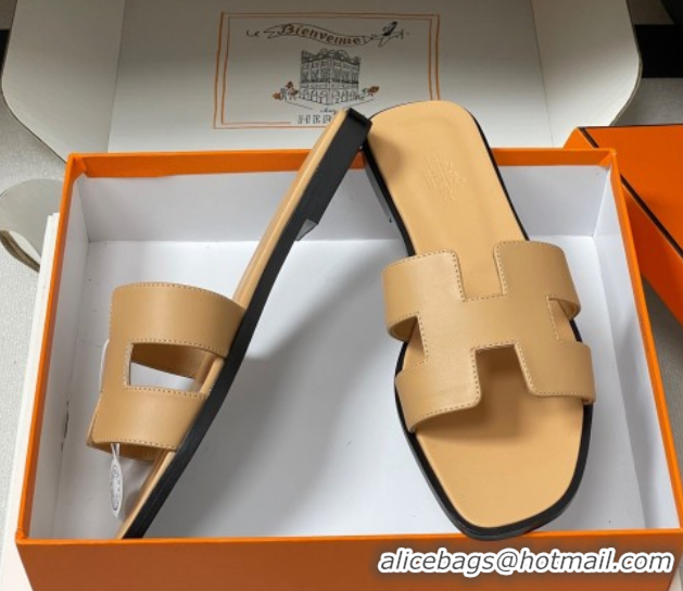 Unique Style Hermes Oran Classic Flat Slides Sandal in Smooth Calfskin Beige Yellow 2025 H081803