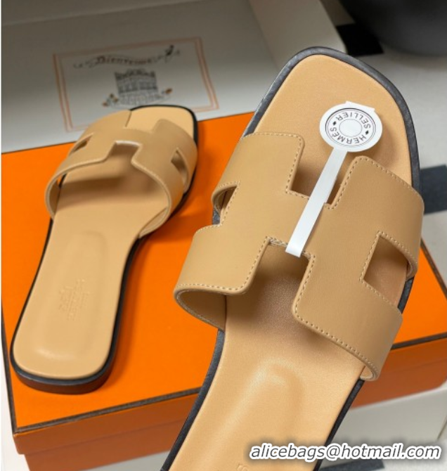Unique Style Hermes Oran Classic Flat Slides Sandal in Smooth Calfskin Beige Yellow 2025 H081803