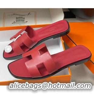 Feminine Hermes Oran Classic Flat Slides Sandal in Smooth Calfskin Dark Red 2025 H081803