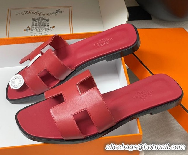 Feminine Hermes Oran Classic Flat Slides Sandal in Smooth Calfskin Dark Red 2025 H081803