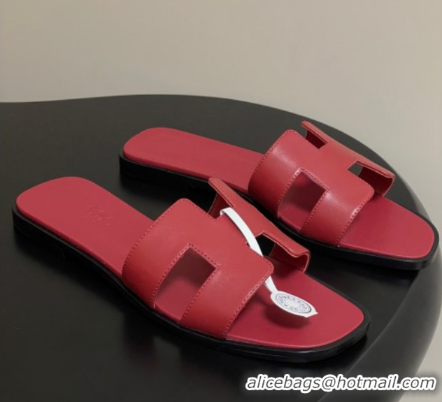 Feminine Hermes Oran Classic Flat Slides Sandal in Smooth Calfskin Dark Red 2025 H081803