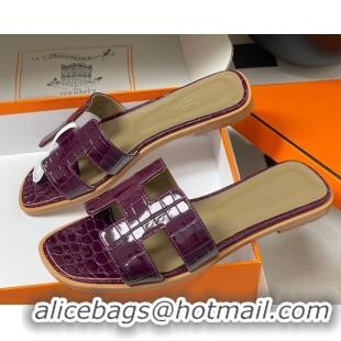 Good Quality Hermes Oran Classic Flat Slides Sandal in Crocodile Embossed Calfskin Dark Purple 2025 H081803