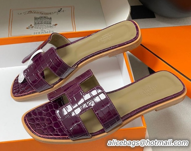 Good Quality Hermes Oran Classic Flat Slides Sandal in Crocodile Embossed Calfskin Dark Purple 2025 H081803