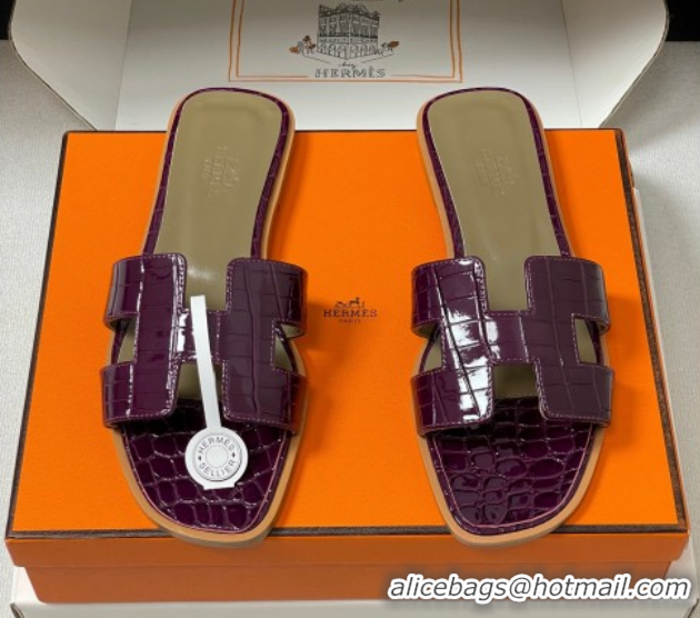 Good Quality Hermes Oran Classic Flat Slides Sandal in Crocodile Embossed Calfskin Dark Purple 2025 H081803