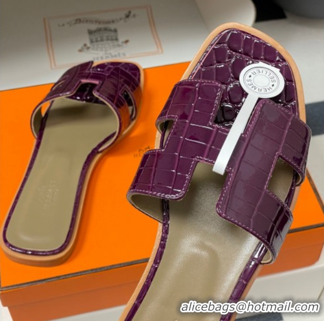 Good Quality Hermes Oran Classic Flat Slides Sandal in Crocodile Embossed Calfskin Dark Purple 2025 H081803