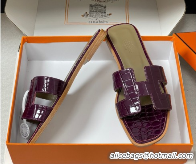 Good Quality Hermes Oran Classic Flat Slides Sandal in Crocodile Embossed Calfskin Dark Purple 2025 H081803