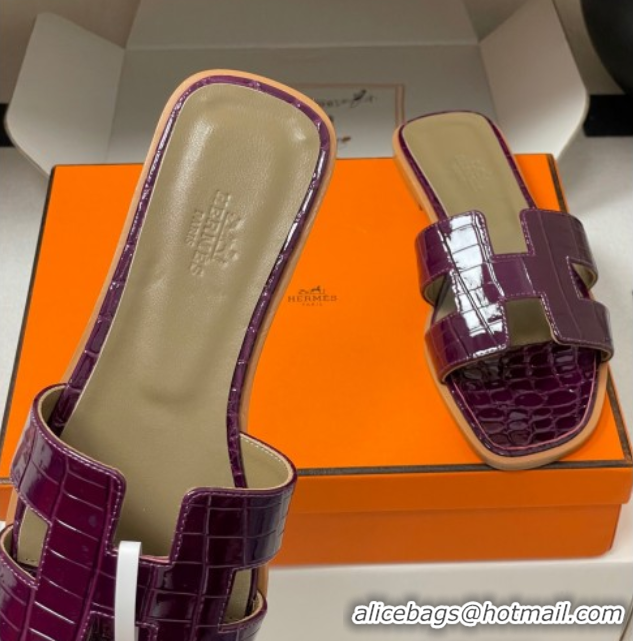 Good Quality Hermes Oran Classic Flat Slides Sandal in Crocodile Embossed Calfskin Dark Purple 2025 H081803