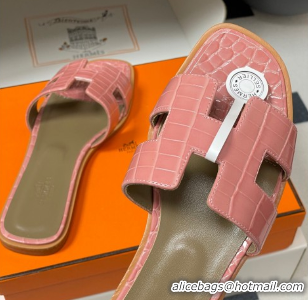 Pretty Style Hermes Oran Classic Flat Slides Sandal in Crocodile Embossed Calfskin Light Pink 2025 H081803