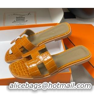 Cheapest Hermes Oran Classic Flat Slides Sandal in Crocodile Embossed Calfskin Orange 2025 H081803