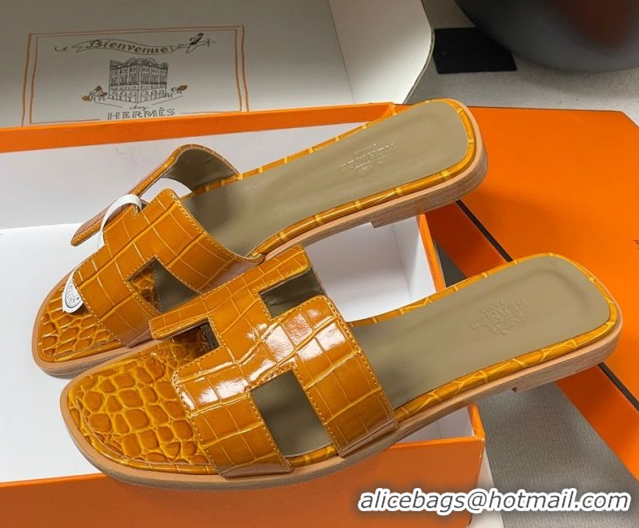 Cheapest Hermes Oran Classic Flat Slides Sandal in Crocodile Embossed Calfskin Orange 2025 H081803