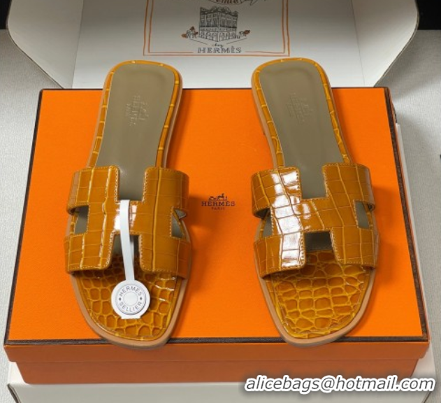 Cheapest Hermes Oran Classic Flat Slides Sandal in Crocodile Embossed Calfskin Orange 2025 H081803