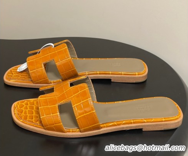 Cheapest Hermes Oran Classic Flat Slides Sandal in Crocodile Embossed Calfskin Orange 2025 H081803