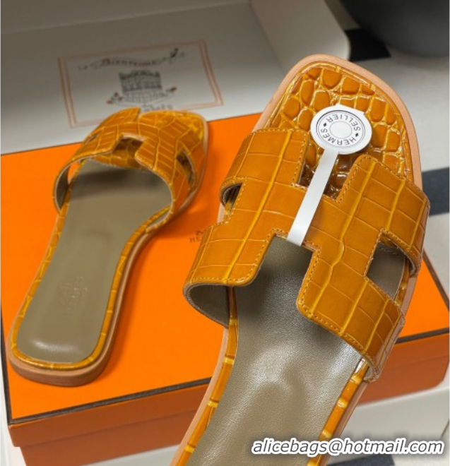 Cheapest Hermes Oran Classic Flat Slides Sandal in Crocodile Embossed Calfskin Orange 2025 H081803
