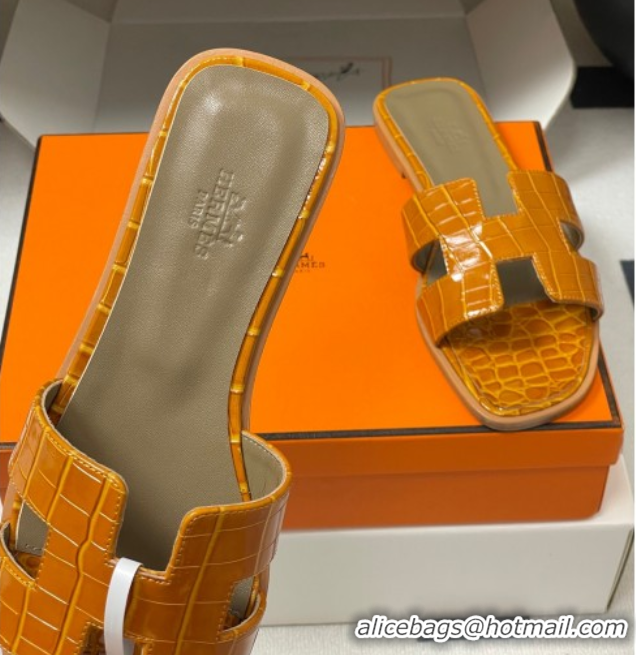 Cheapest Hermes Oran Classic Flat Slides Sandal in Crocodile Embossed Calfskin Orange 2025 H081803