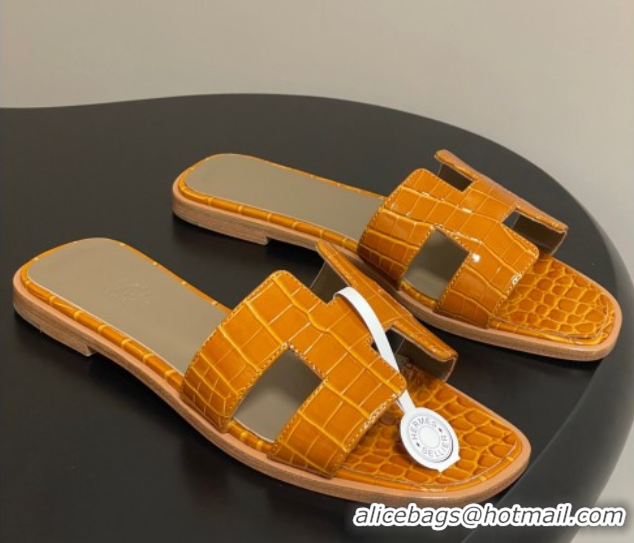 Cheapest Hermes Oran Classic Flat Slides Sandal in Crocodile Embossed Calfskin Orange 2025 H081803
