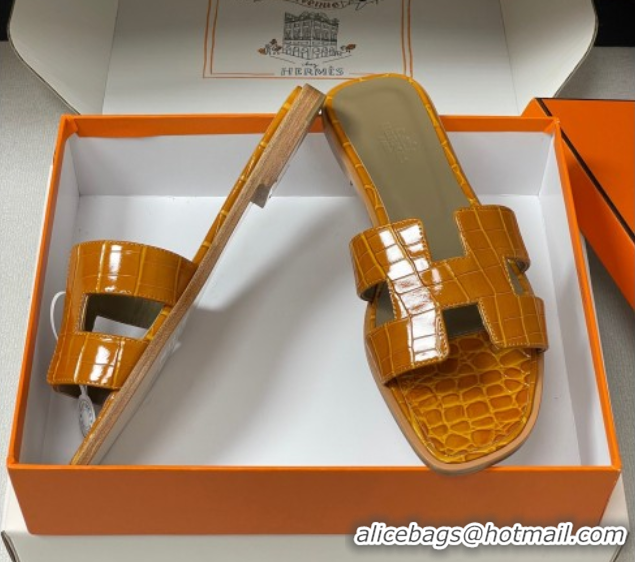 Cheapest Hermes Oran Classic Flat Slides Sandal in Crocodile Embossed Calfskin Orange 2025 H081803