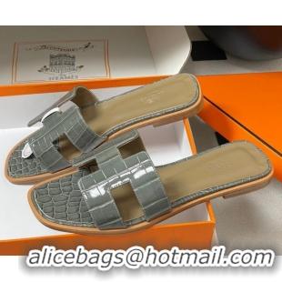 Best Grade Hermes Oran Classic Flat Slides Sandal in Crocodile Embossed Calfskin Grey 2025 H081803