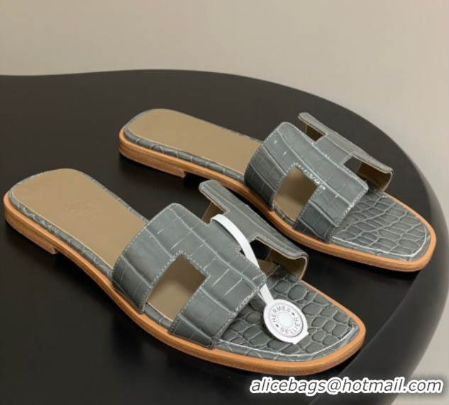 Best Grade Hermes Oran Classic Flat Slides Sandal in Crocodile Embossed Calfskin Grey 2025 H081803