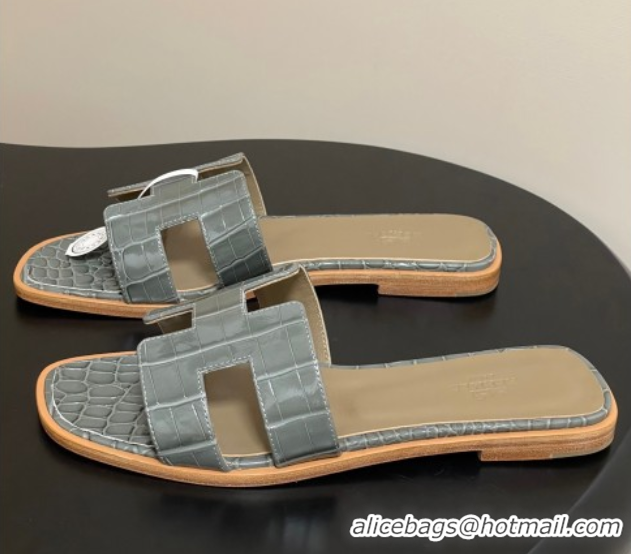 Best Grade Hermes Oran Classic Flat Slides Sandal in Crocodile Embossed Calfskin Grey 2025 H081803