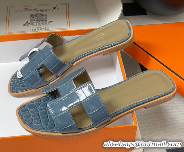 Luxurious Hermes Oran Classic Flat Slides Sandal in Crocodile Embossed Calfskin Blue 2025 H081803