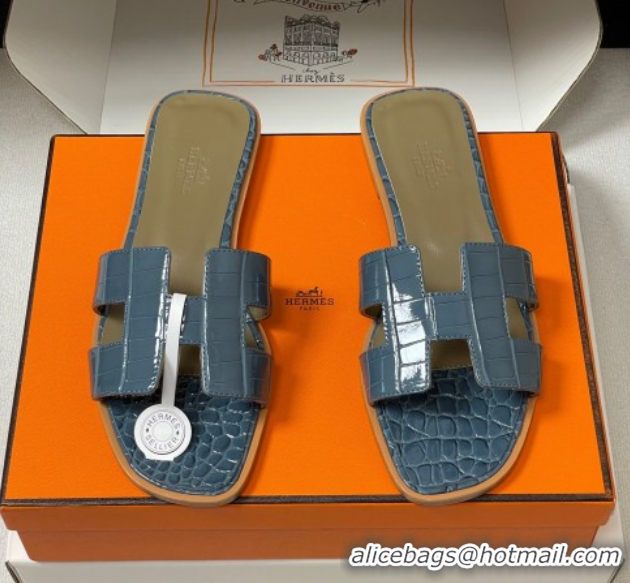Luxurious Hermes Oran Classic Flat Slides Sandal in Crocodile Embossed Calfskin Blue 2025 H081803