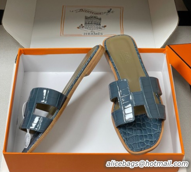 Luxurious Hermes Oran Classic Flat Slides Sandal in Crocodile Embossed Calfskin Blue 2025 H081803