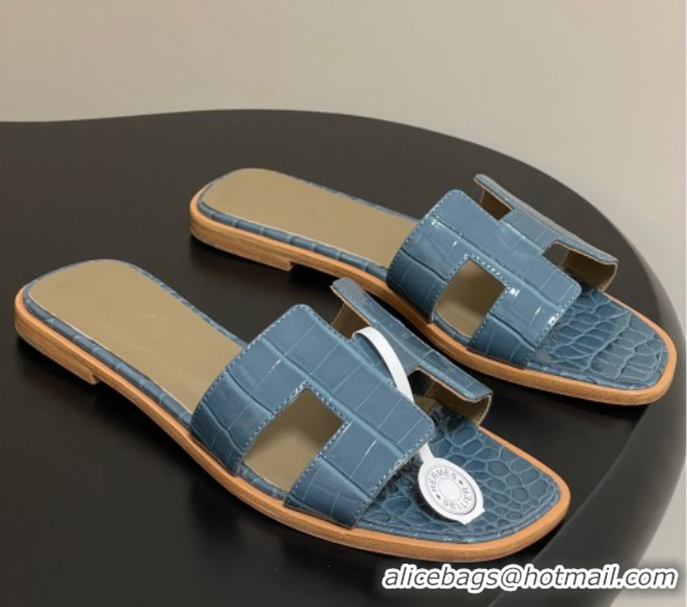 Luxurious Hermes Oran Classic Flat Slides Sandal in Crocodile Embossed Calfskin Blue 2025 H081803