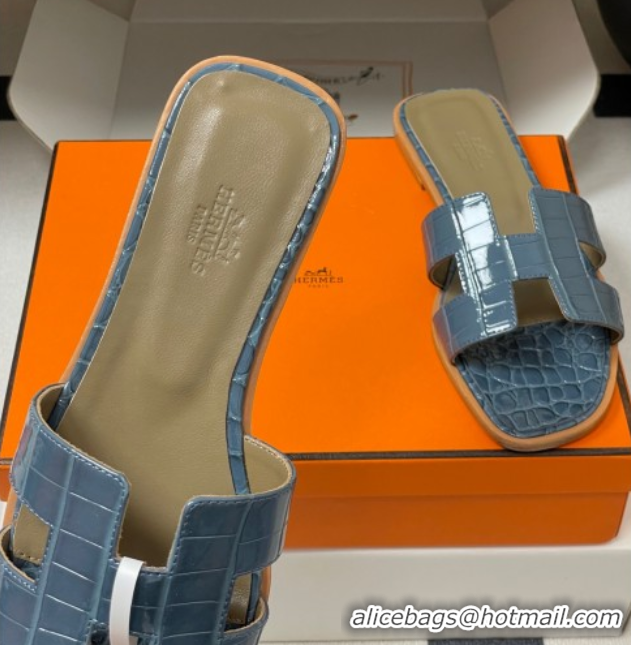 Luxurious Hermes Oran Classic Flat Slides Sandal in Crocodile Embossed Calfskin Blue 2025 H081803