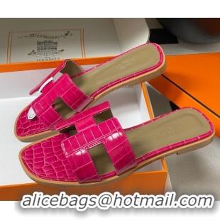 Best Product Hermes Oran Classic Flat Slides Sandal in Crocodile Embossed Calfskin Hot Pink 2025 H081803