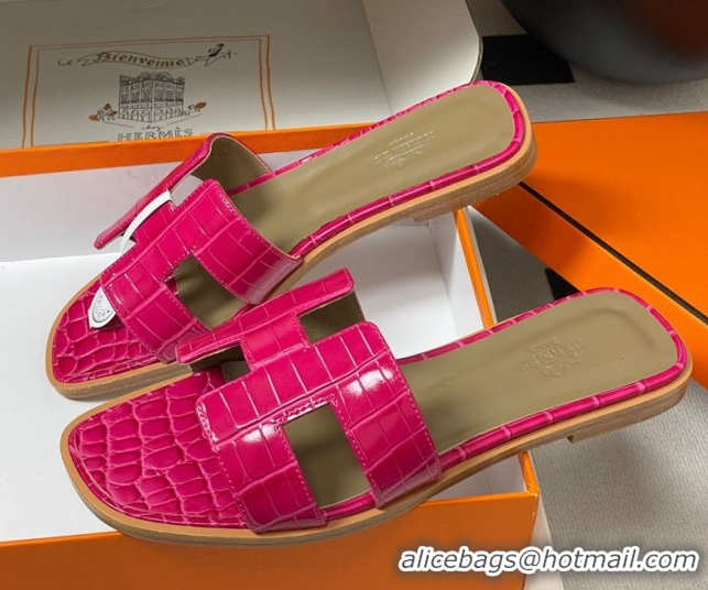 Best Product Hermes Oran Classic Flat Slides Sandal in Crocodile Embossed Calfskin Hot Pink 2025 H081803
