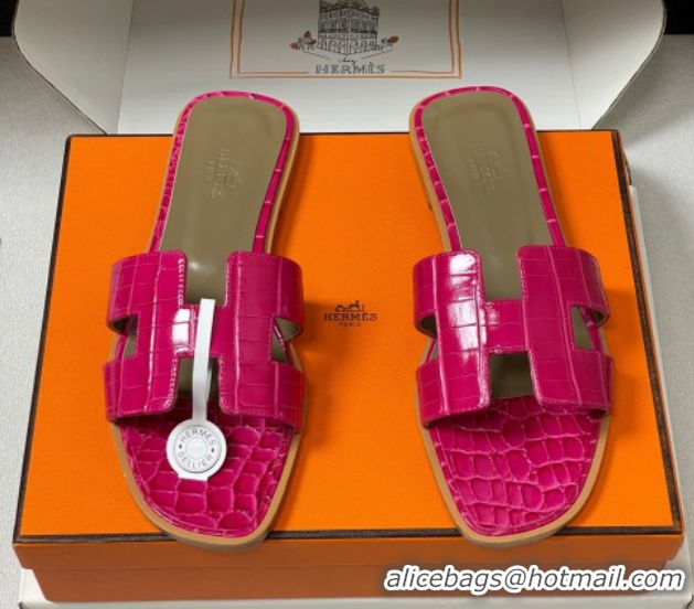 Best Product Hermes Oran Classic Flat Slides Sandal in Crocodile Embossed Calfskin Hot Pink 2025 H081803