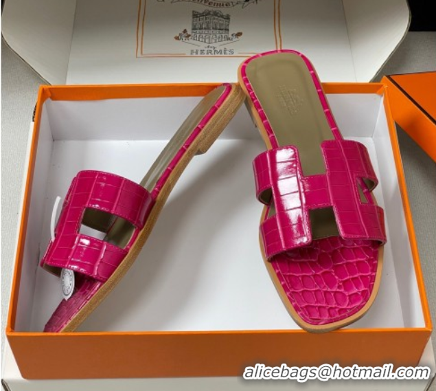 Best Product Hermes Oran Classic Flat Slides Sandal in Crocodile Embossed Calfskin Hot Pink 2025 H081803